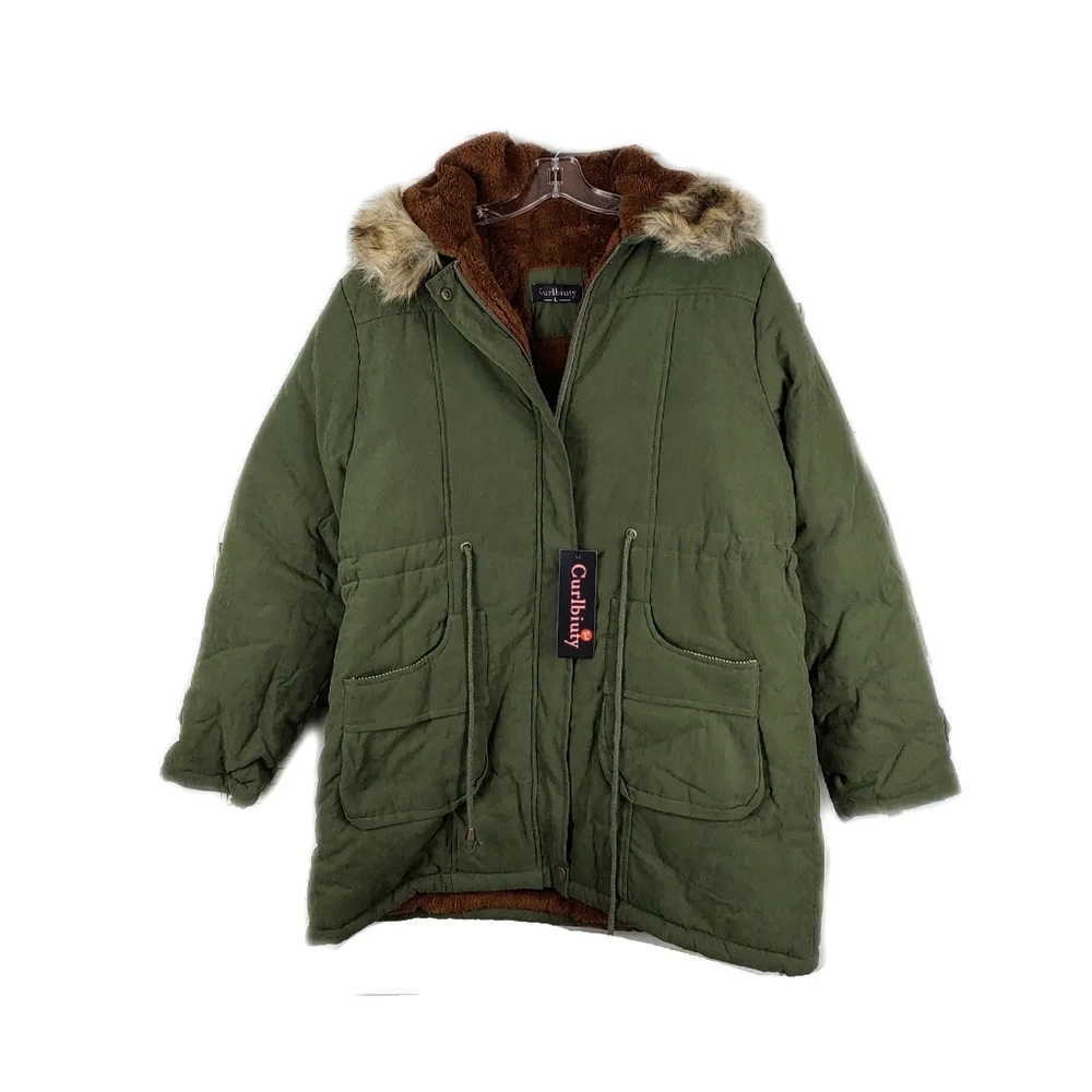 Curlbiuty Womens Dark Olive Winter Faux Fur Lining  Parka NWT Sz S - Picture 4 of 12